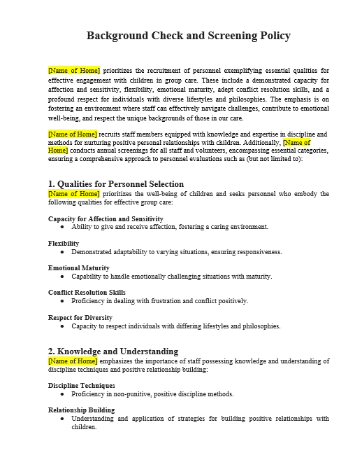 Customizable background Check and Screening Policy document for child-care group home licensing