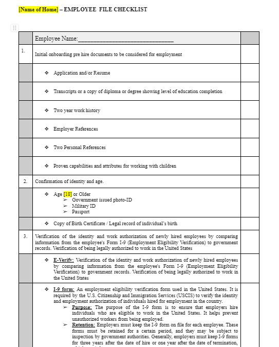 Youth and Employee File Checklists