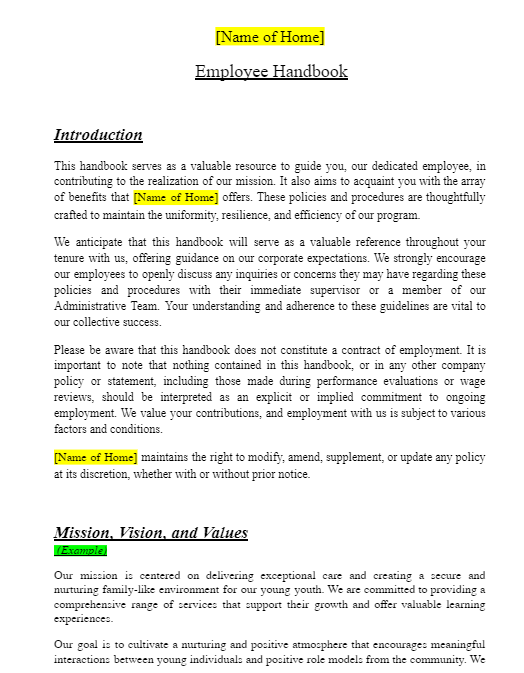Employee handbook page 1 detailing guidelines for staff in child-caring agency compliance.