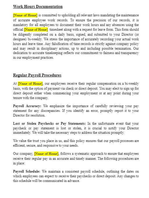 Work hour documentation and payroll procedures template for group home child-care licensing.