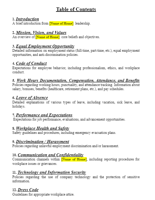 Employee handbook table of contents detailing guidelines for staff in child-caring agency compliance.