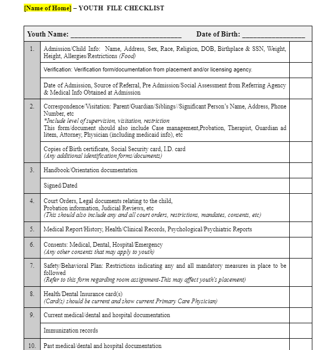 Youth and Employee File Checklists