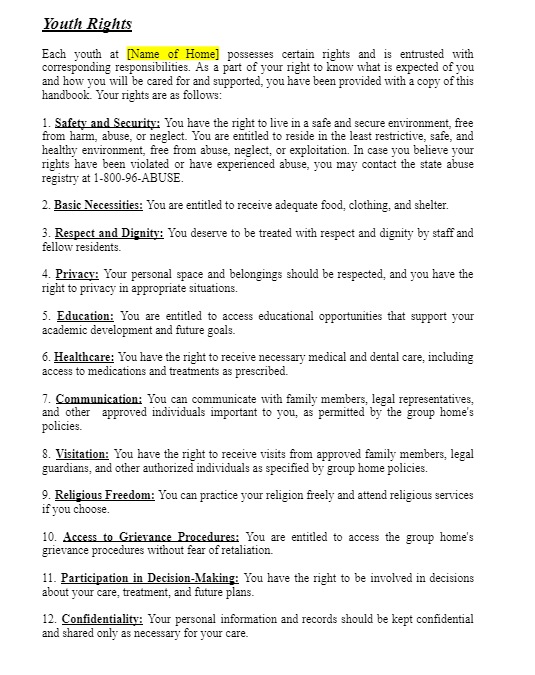 Youth rights template group home child-care licensing.