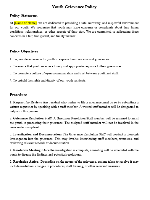 Customizable Youth Grievance Policy document for child-care group home licensing