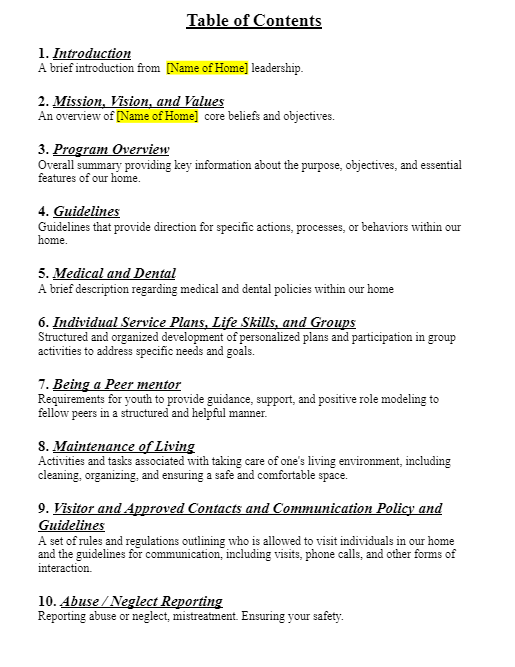 Youth handbook table of contents detailing guidelines for staff in child-caring agency compliance.