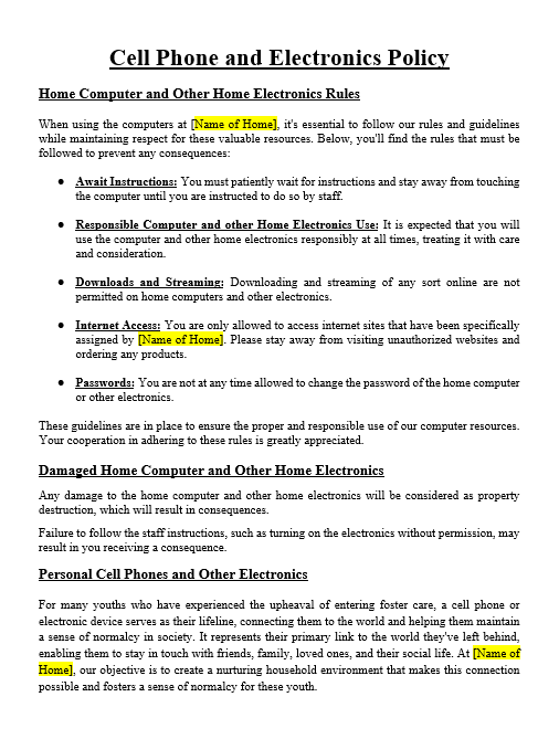 Customizable Cell Phone and Electronics Policy document for child-care group home licensing