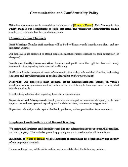 Customizable Communication an Confidentiality Policy document for child-care group home licensing