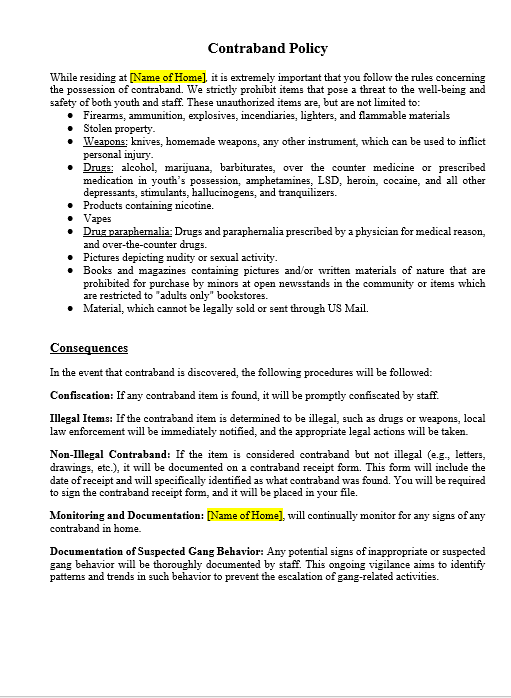 Customizable Contraband Policy document for child-care group home licensing