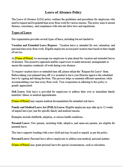 Customizable Leave of Absence Policy document for child-care group home licensing