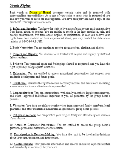 Youth rights template group home child-care licensing.