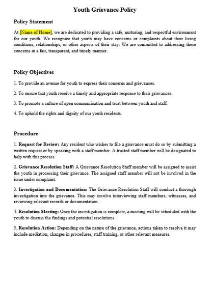 Customizable Youth Grievance Policy document for child-care group home licensing