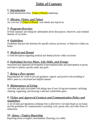 Youth handbook table of contents detailing guidelines for staff in child-caring agency compliance.