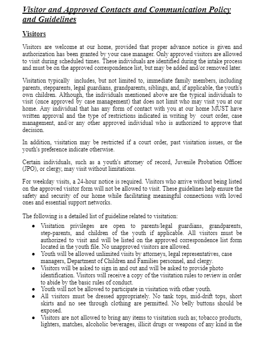 Youth handbook visitor and approved contacts an guidelines for group home child-care licensing.