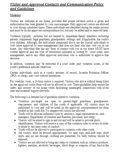 Youth handbook visitor and approved contacts an guidelines for group home child-care licensing.