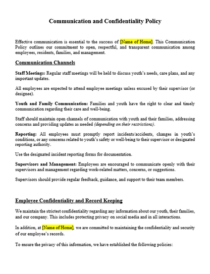 Customizable Communication an Confidentiality Policy document for child-care group home licensing