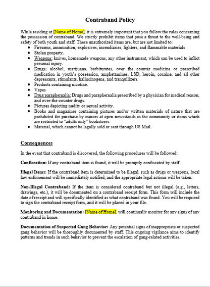 Customizable Contraband Policy document for child-care group home licensing